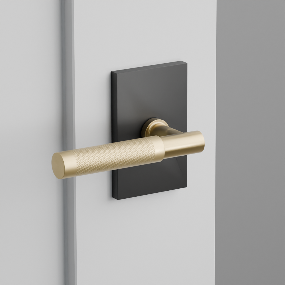 T-Bar Knurled SELECT Matte Black and Brass Door Lever w/ Modern Rectangular Rosette - Forge Hardware Studio