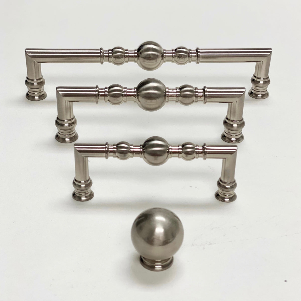 Brushed Nickel “Kira” Cabinet Ball Knob and Drawer Pulls - Forge Hardware Studio