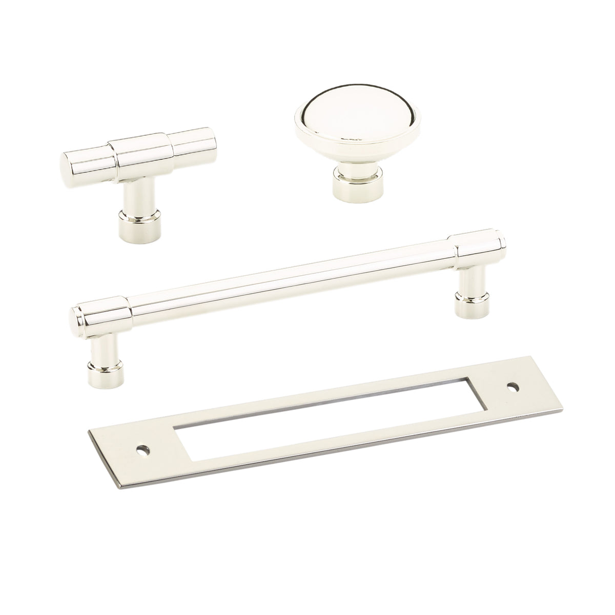 Polished Nickel Industrial Modern Pulls and Knob with Backplate - Forge Hardware Studio