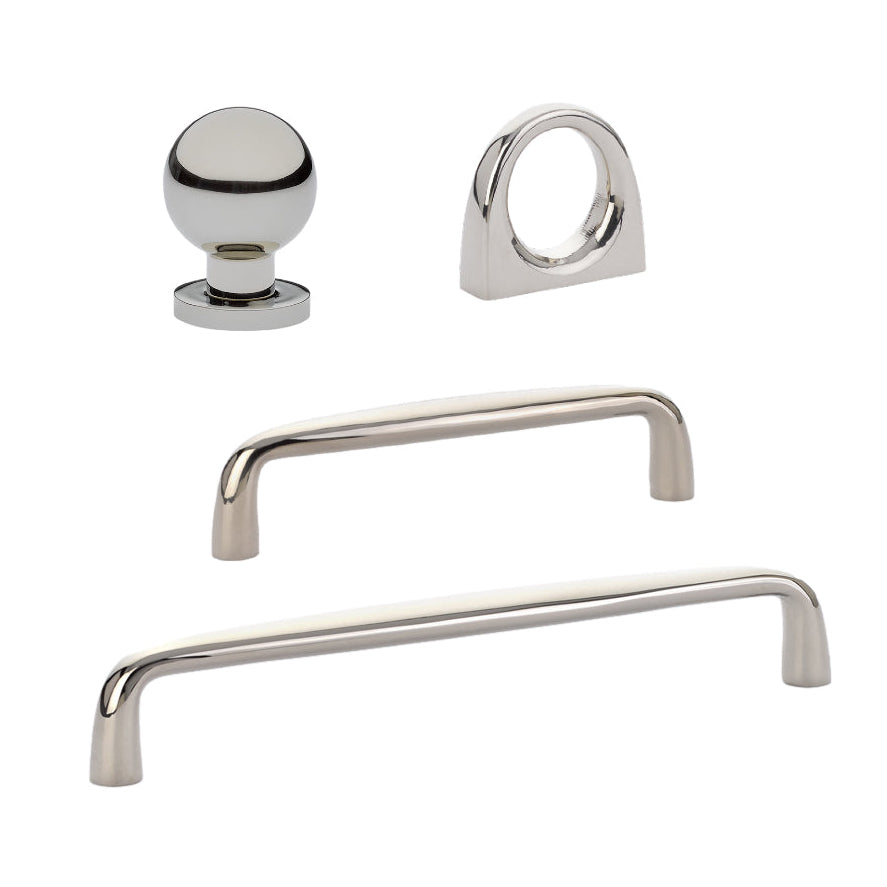 Omni Cabinet Knobs and Drawer Pulls in Polished Nickel - Forge Hardware Studio