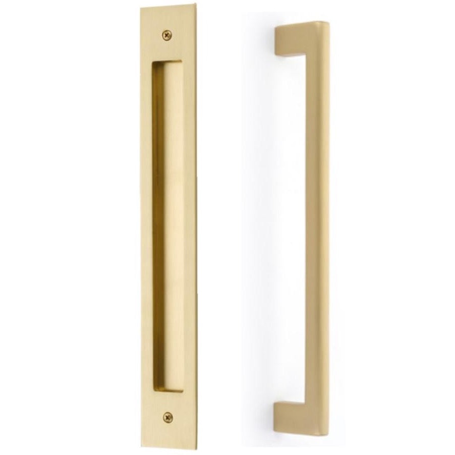 Door Flush Pull and 12" Handle Back to BackHardware for Interior Sliding and Barn Doors - Brass Cabinet Hardware