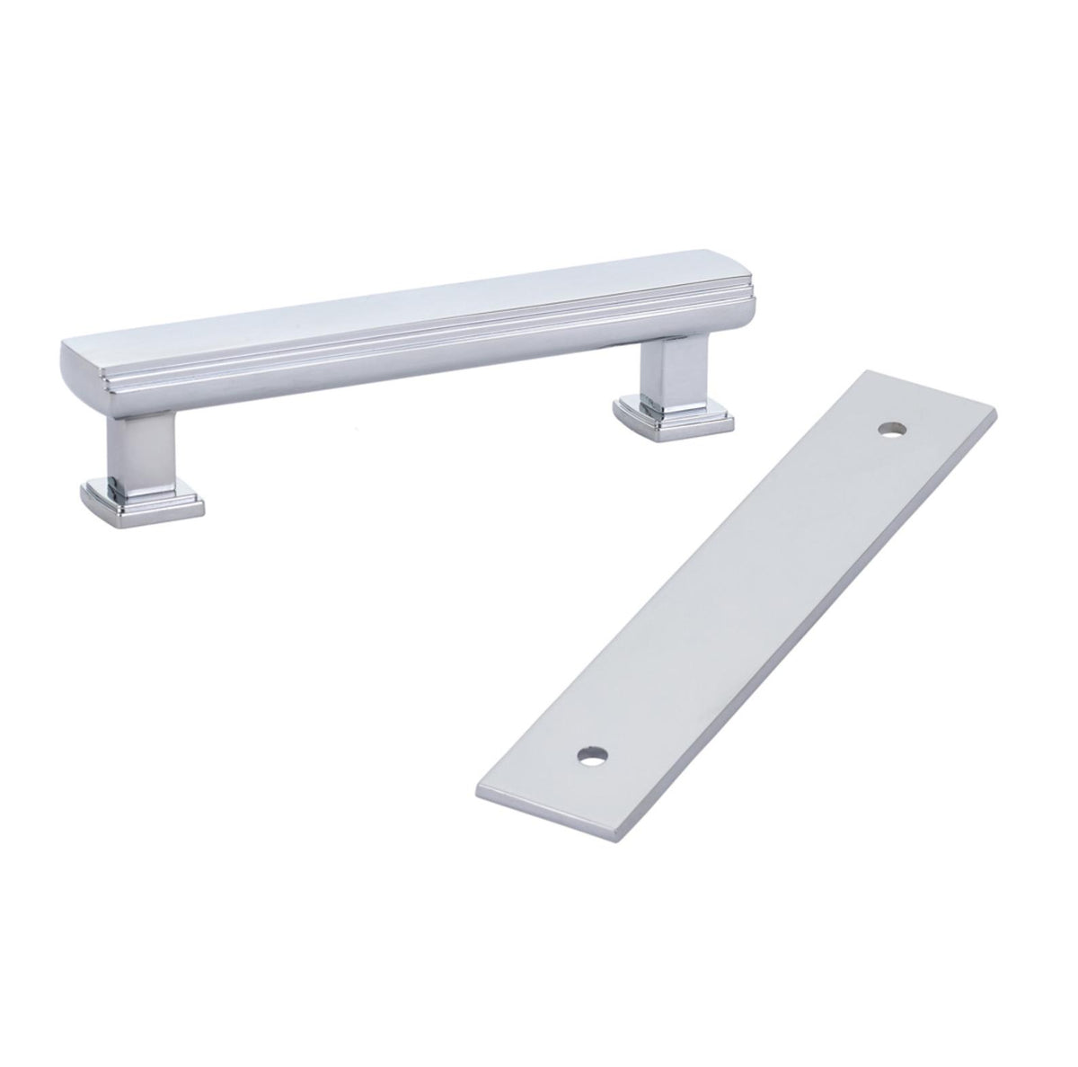 Polished Chrome Square 4" Art Deco Drawer Pull w/ Backplate - Forge Hardware Studio