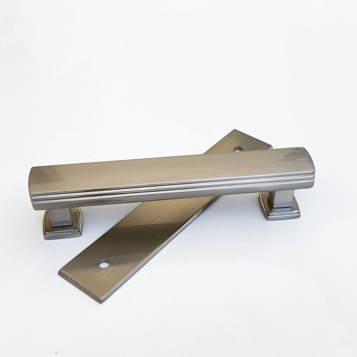 Satin Nickel Square 4" Art Deco Drawer Pull w/ Backplate - Forge Hardware Studio