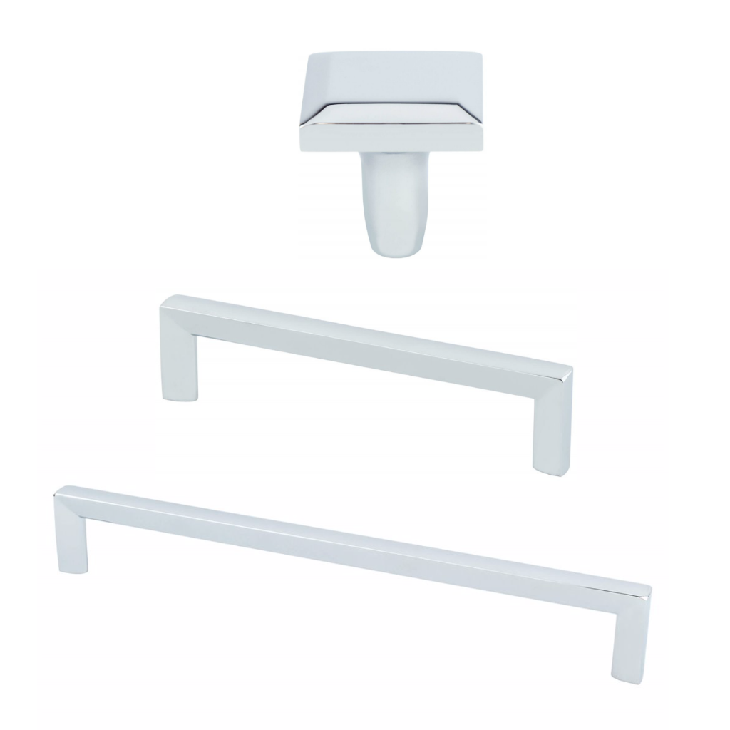 Polished Chrome "Trane" Drawer Pulls and Knob - Brass Cabinet Hardware