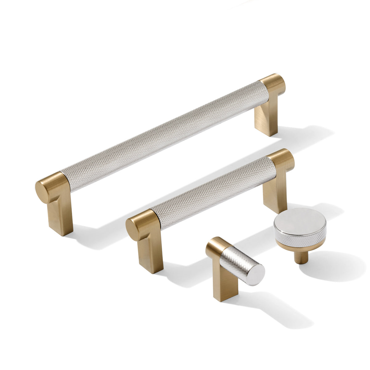 Knurled Champagne Bronze and Polished Chrome Knobs and Pulls - Forge Hardware Studio
