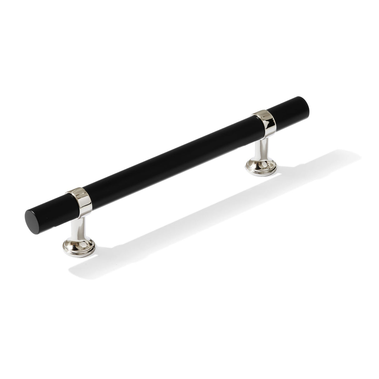 Black cabinet handle with silver accents on a white background