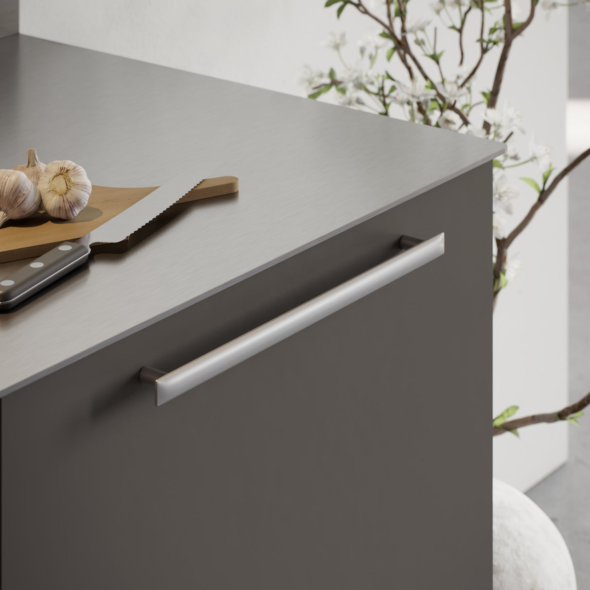 Satin Steel "Flow" T-Bar Cabinet Knob and Drawer Pull - Forge Hardware Studio