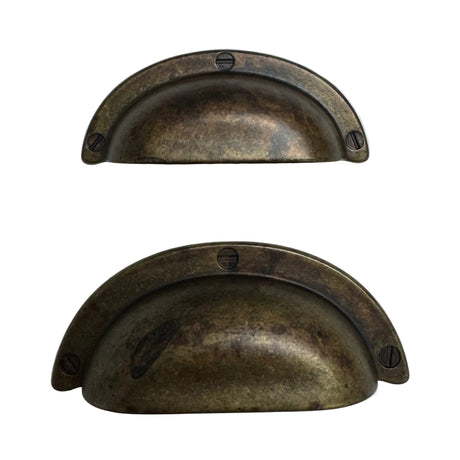 Cup Drawer Pulls "Amalfi" in Worn Brass - Forge Hardware Studio