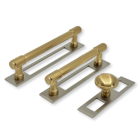 Champagne Bronze and Satin Nickel Industrial Pulls and Knob with Backplate - Forge Hardware Studio