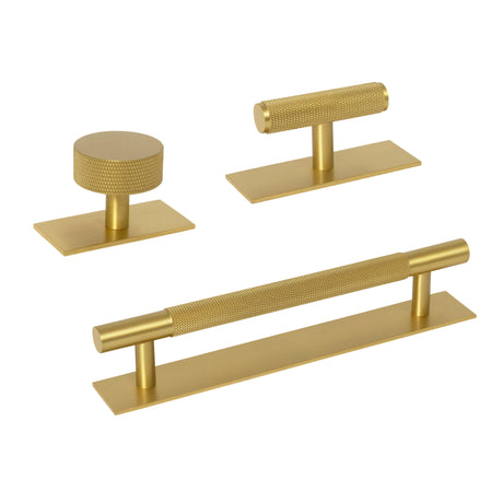 Brass Knurled "Texture Backplate" Drawer Pulls and Knobs in Satin Brass - Forge Hardware Studio