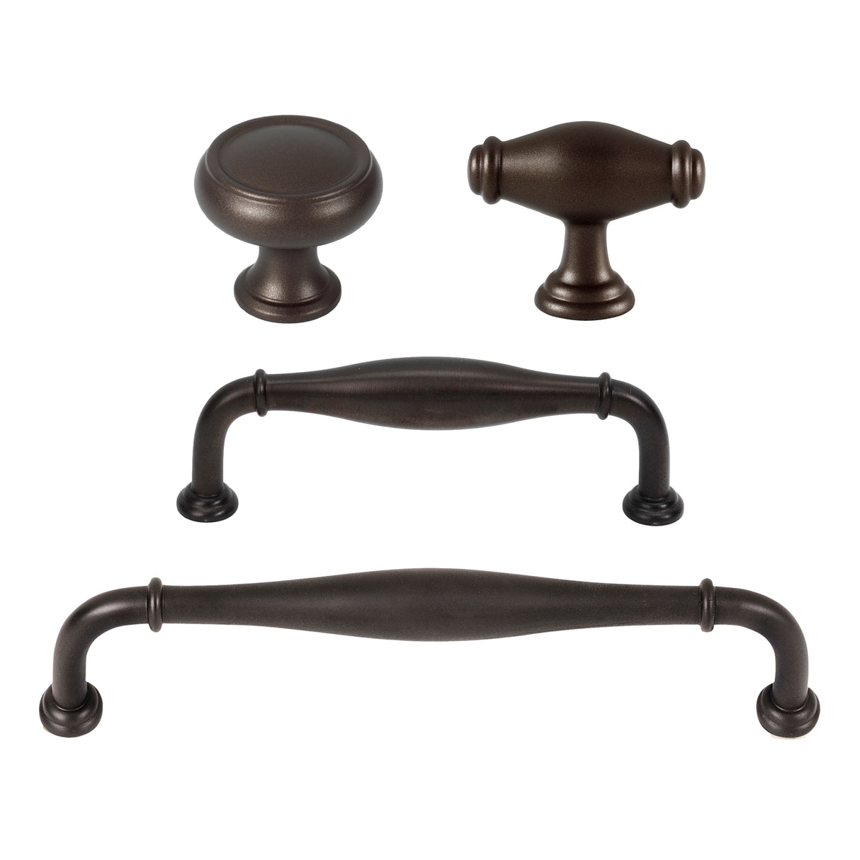 Transitional English Bronze "Perry" Cabinet Knobs and Drawer Pulls