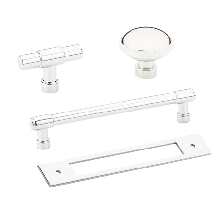 Polished Chrome Industrial Modern Pulls and Knob with Backplate - Forge Hardware Studio