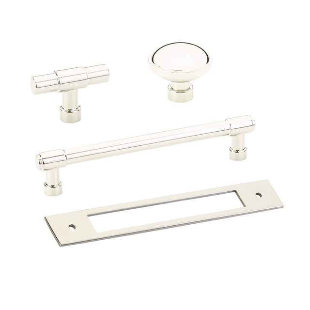 Polished Nickel Industrial Modern Pulls and Knob with Backplate - Forge Hardware Studio