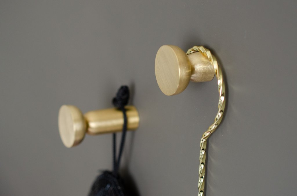 Unlacquered Brushed Brass "Raised Bowl" Round Cabinet Knob and Hook