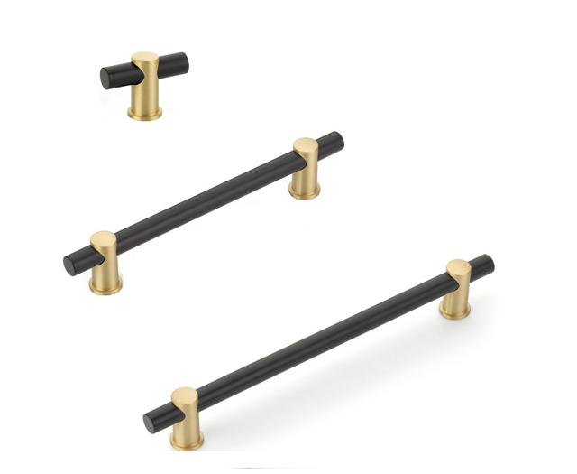 Satin Brass and Matte Black Round T-Bar "Fonce" Cabinet Knobs and Drawer Pulls - Brass Cabinet Hardware 