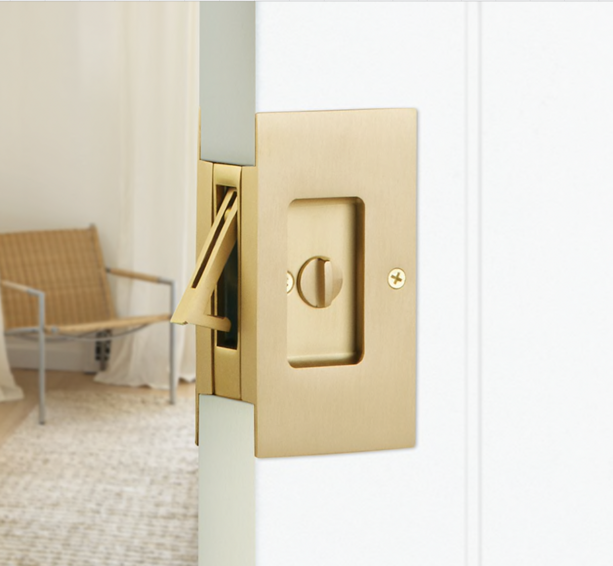Satin Brass Pocket Door Lock Large 4-1/2" Bathroom Privacy Lock Hardware - Forge Hardware Studio
