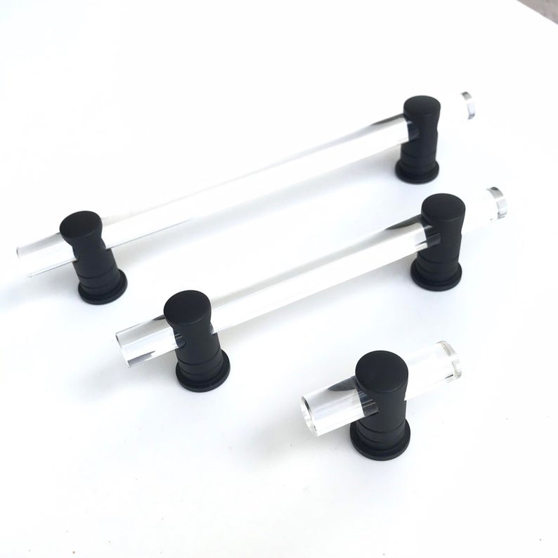 Matte Black and Lucite "Luz" Cabinet Knobs and Drawer Pulls (Adjustable) - Brass Cabinet Hardware 